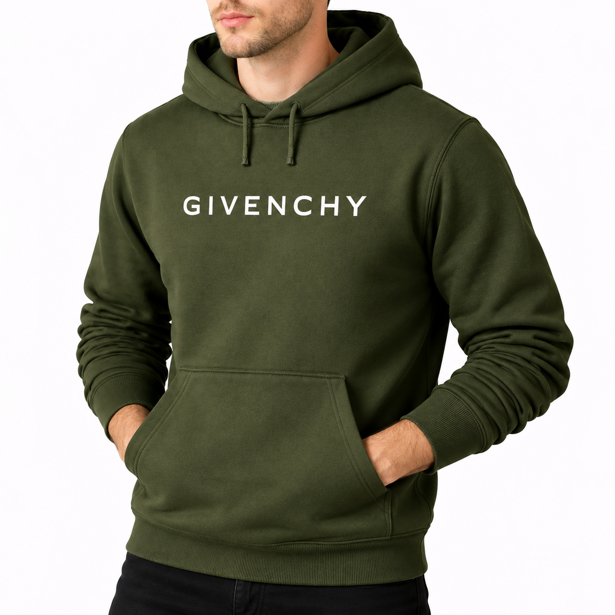 Men's Givenchy Pullover Hoodie in Army Green — alternate three-quarter view