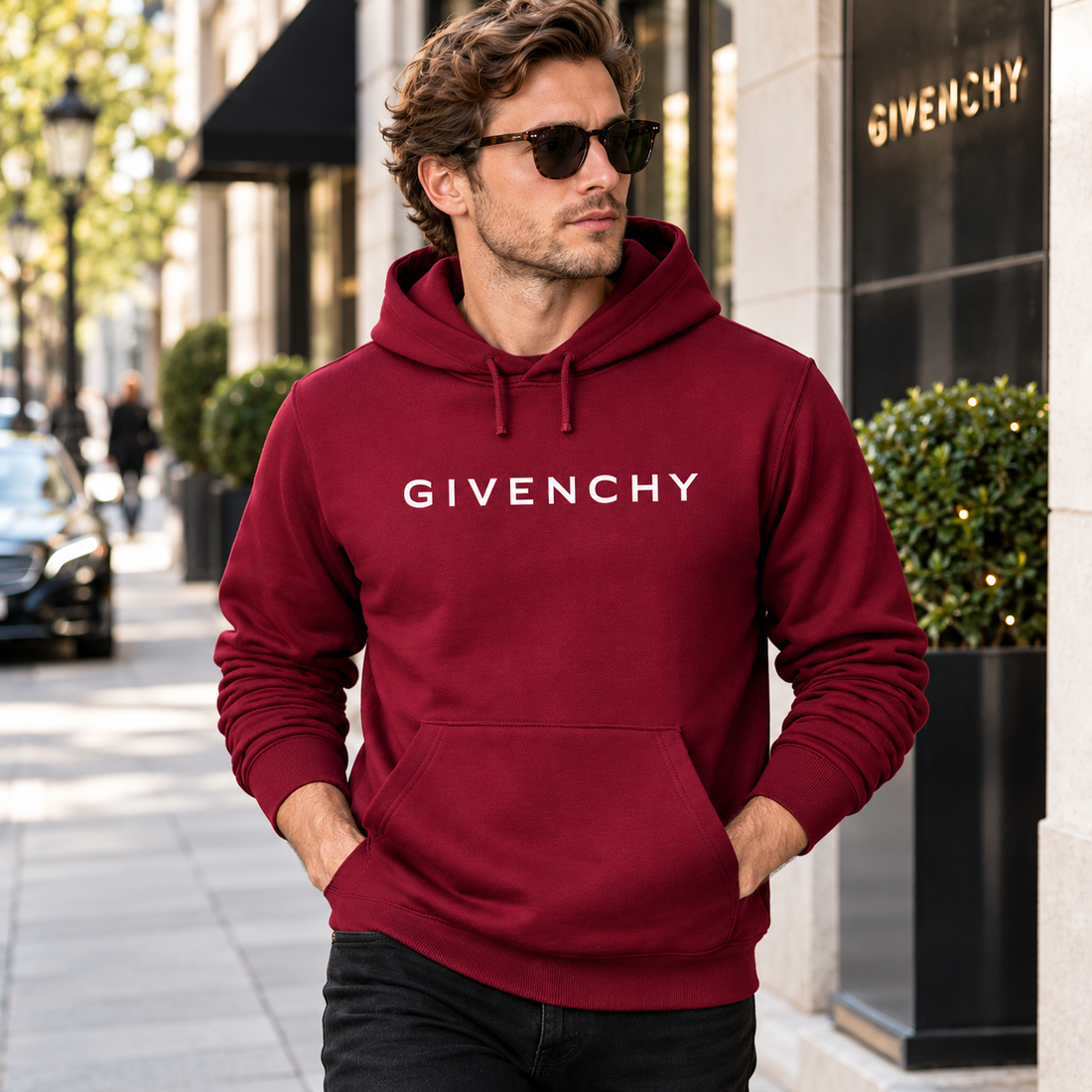Men's Givenchy Pullover Hoodie in Burgundy — lifestyle view