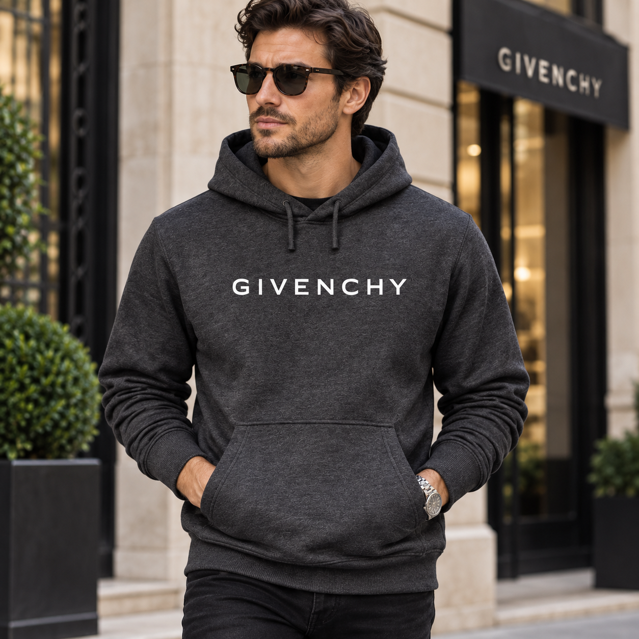 Men's Givenchy Pullover Hoodie in Dark Heather — lifestyle view