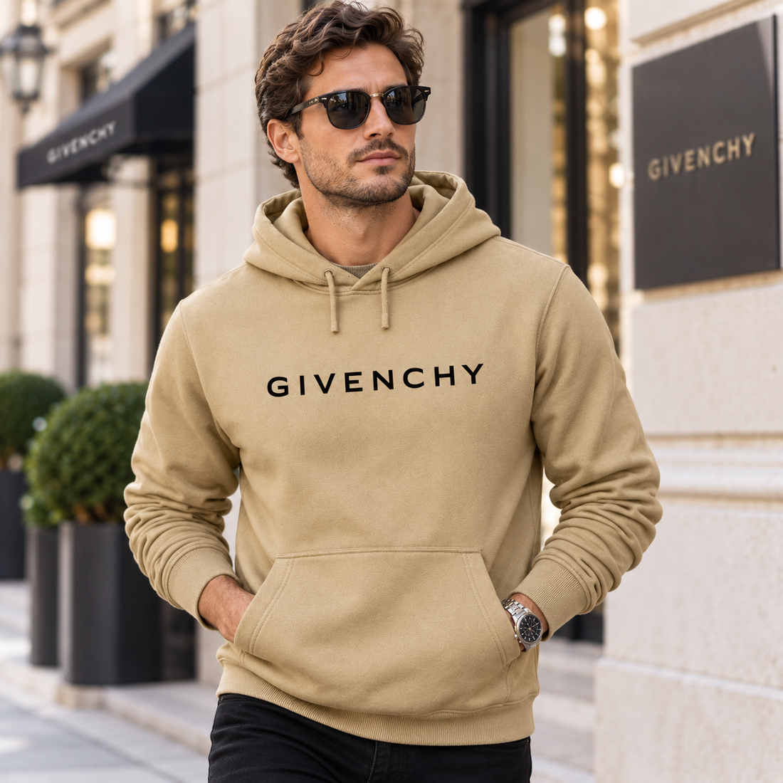 Men's Givenchy Pullover Hoodie in Khaki — lifestyle view