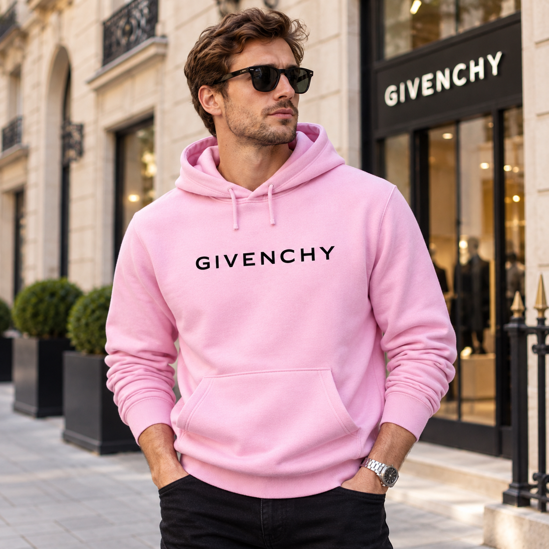Men's Givenchy Pullover Hoodie in Light Pink — lifestyle view