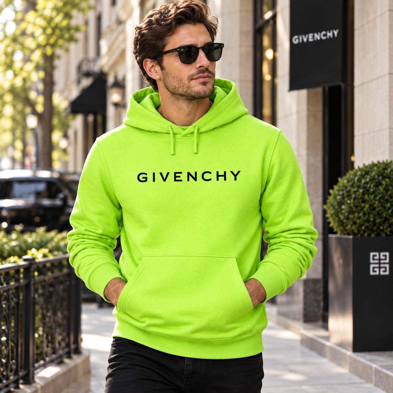 Men's Givenchy Pullover Hoodie in Lime Green — lifestyle view