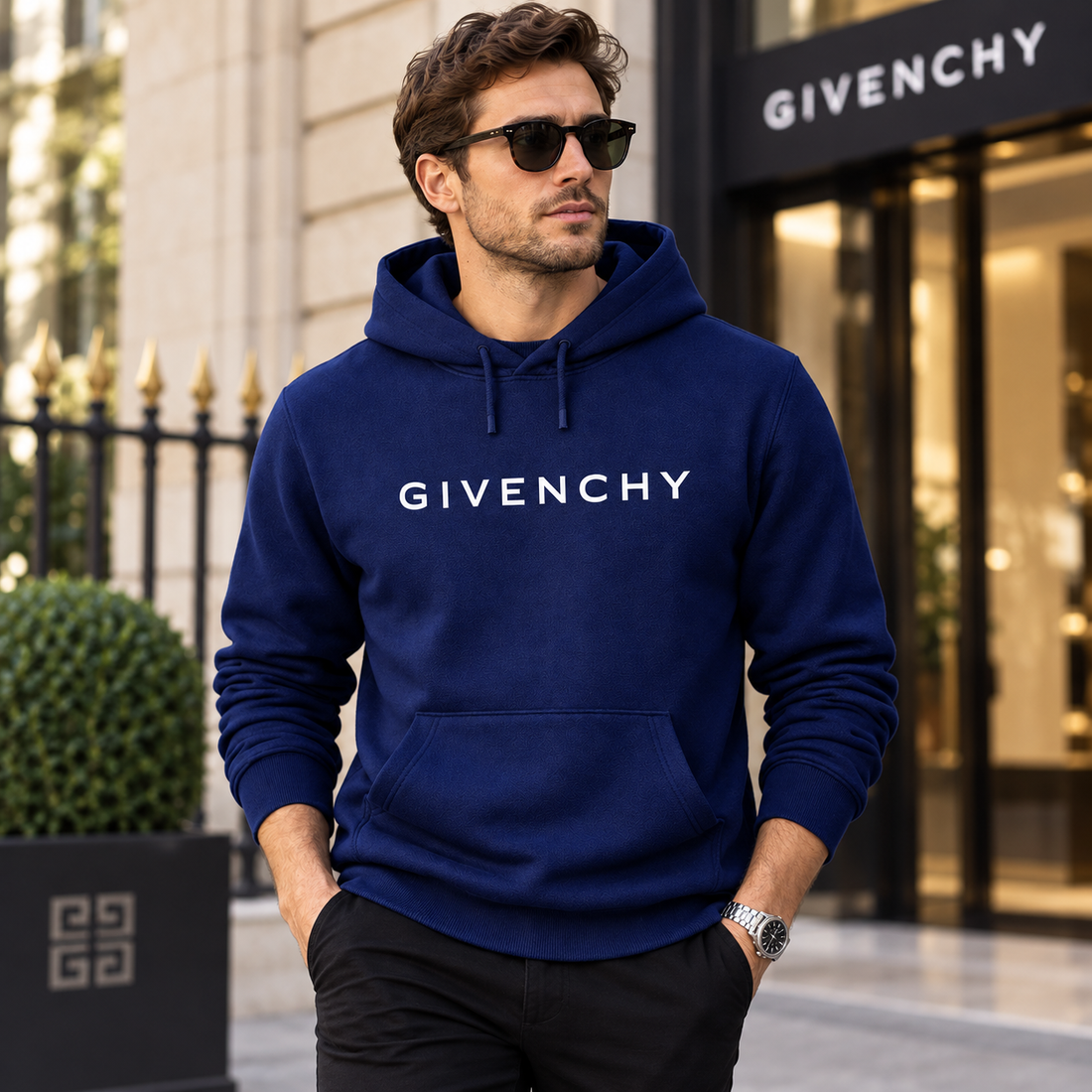 Men's Givenchy Pullover Hoodie in Navy — lifestyle view