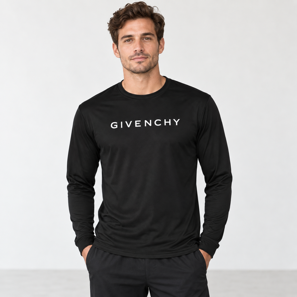 Men's Givenchy polyester long sleeve T-shirt in black, front-model view