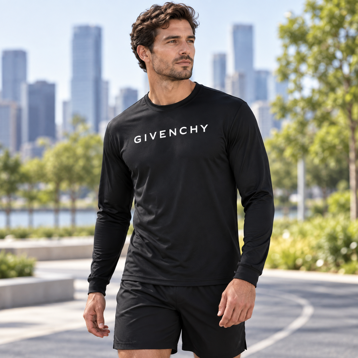 Men's Givenchy polyester long sleeve T-shirt in black, lifestyle view