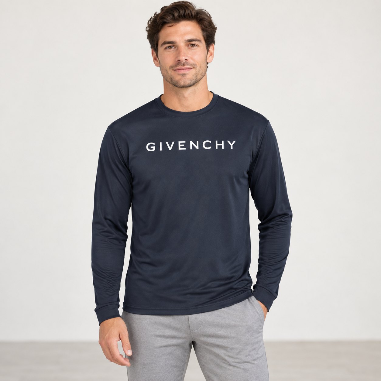 Men's Givenchy polyester long sleeve T-shirt in navy, front-model view