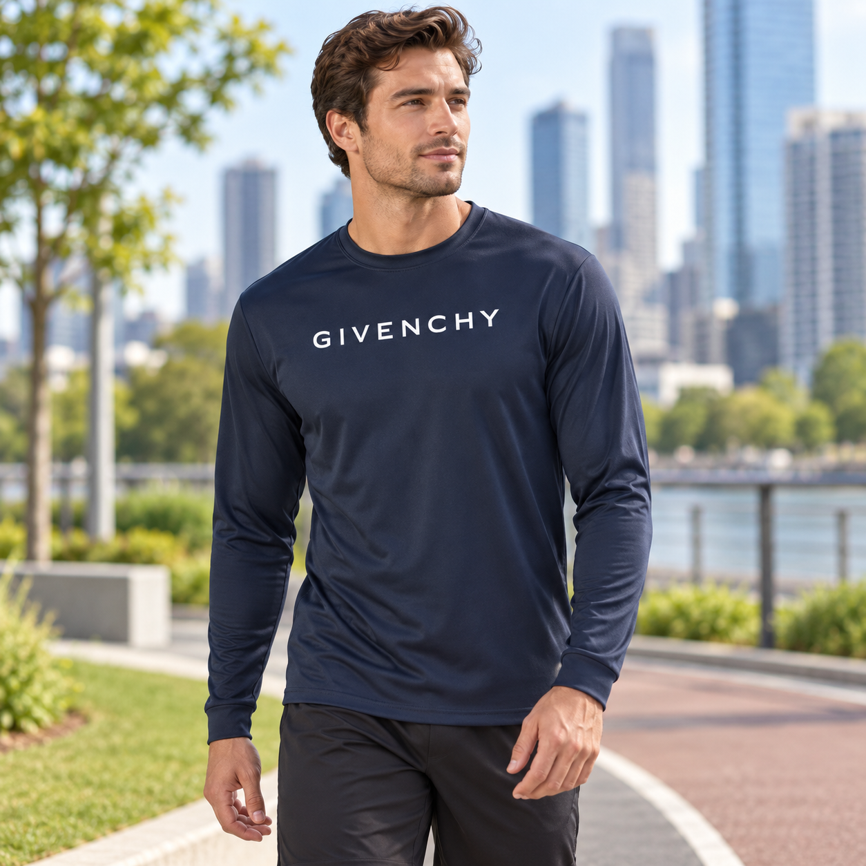 Men's Givenchy polyester long sleeve T-shirt in navy, lifestyle view