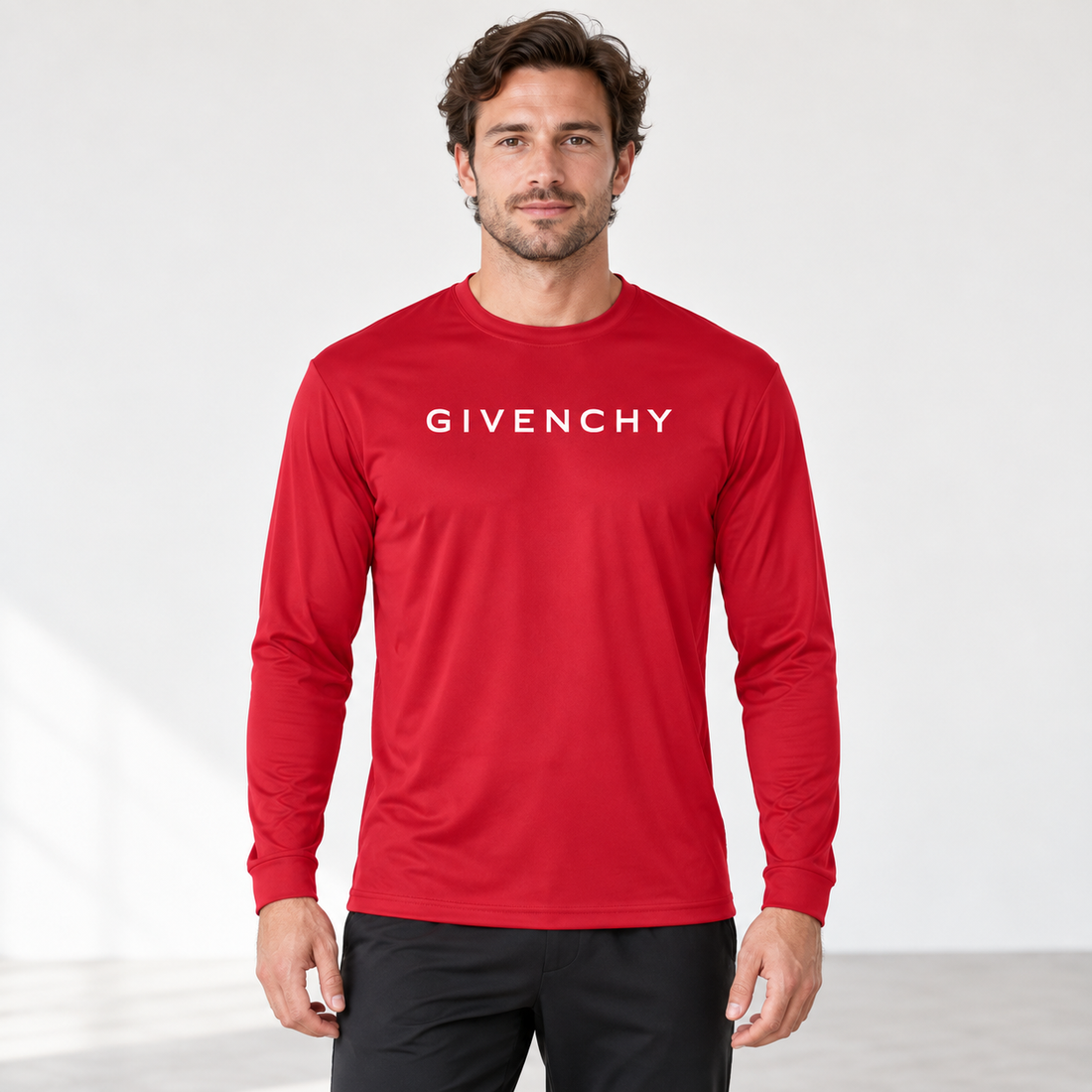 Men's Givenchy polyester long sleeve T-shirt in red, front-model view