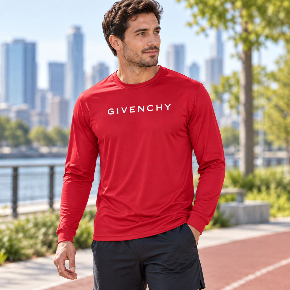 Men's Givenchy polyester long sleeve T-shirt in red, lifestyle view