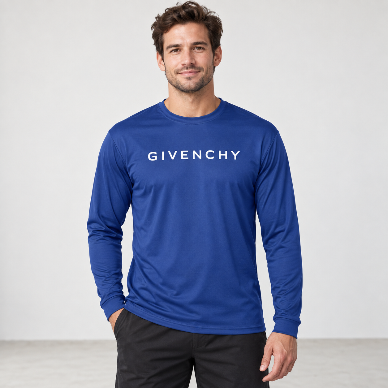 Men's Givenchy polyester long sleeve T-shirt in royal-blue, front-model view