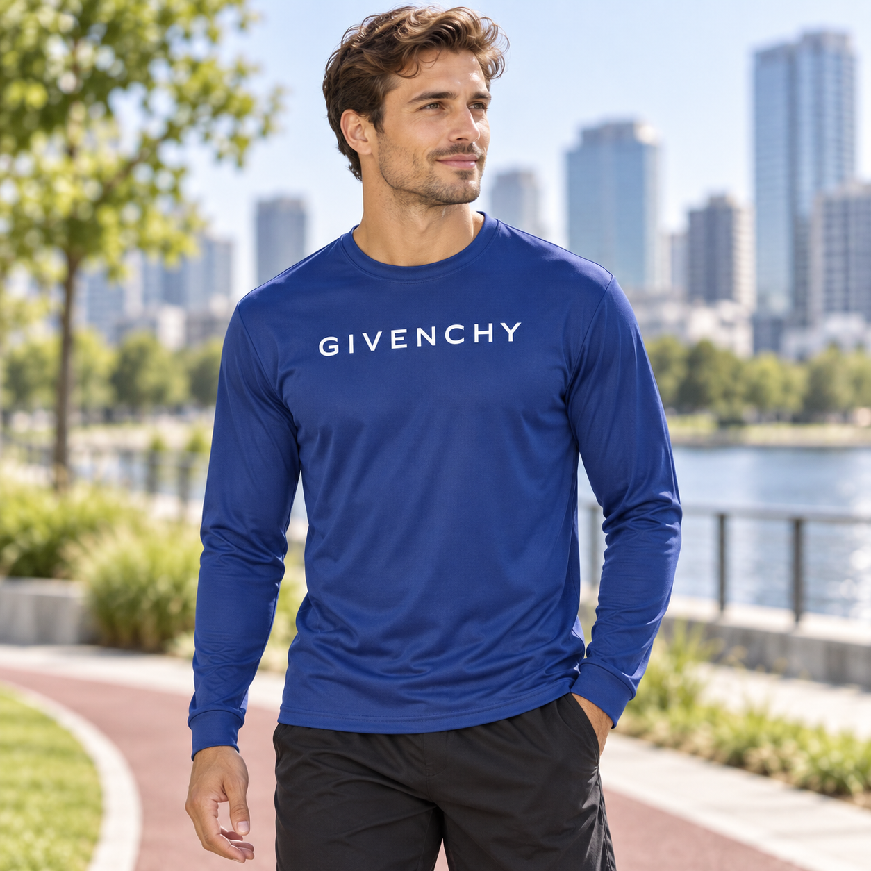 Men's Givenchy polyester long sleeve T-shirt in royal-blue, lifestyle view