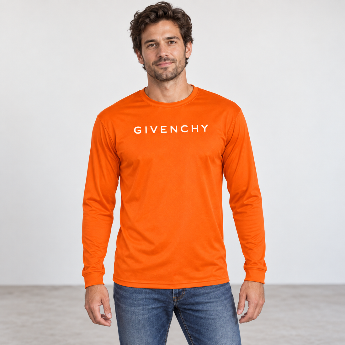 Men's Givenchy polyester long sleeve T-shirt in safety-orange, front-model view
