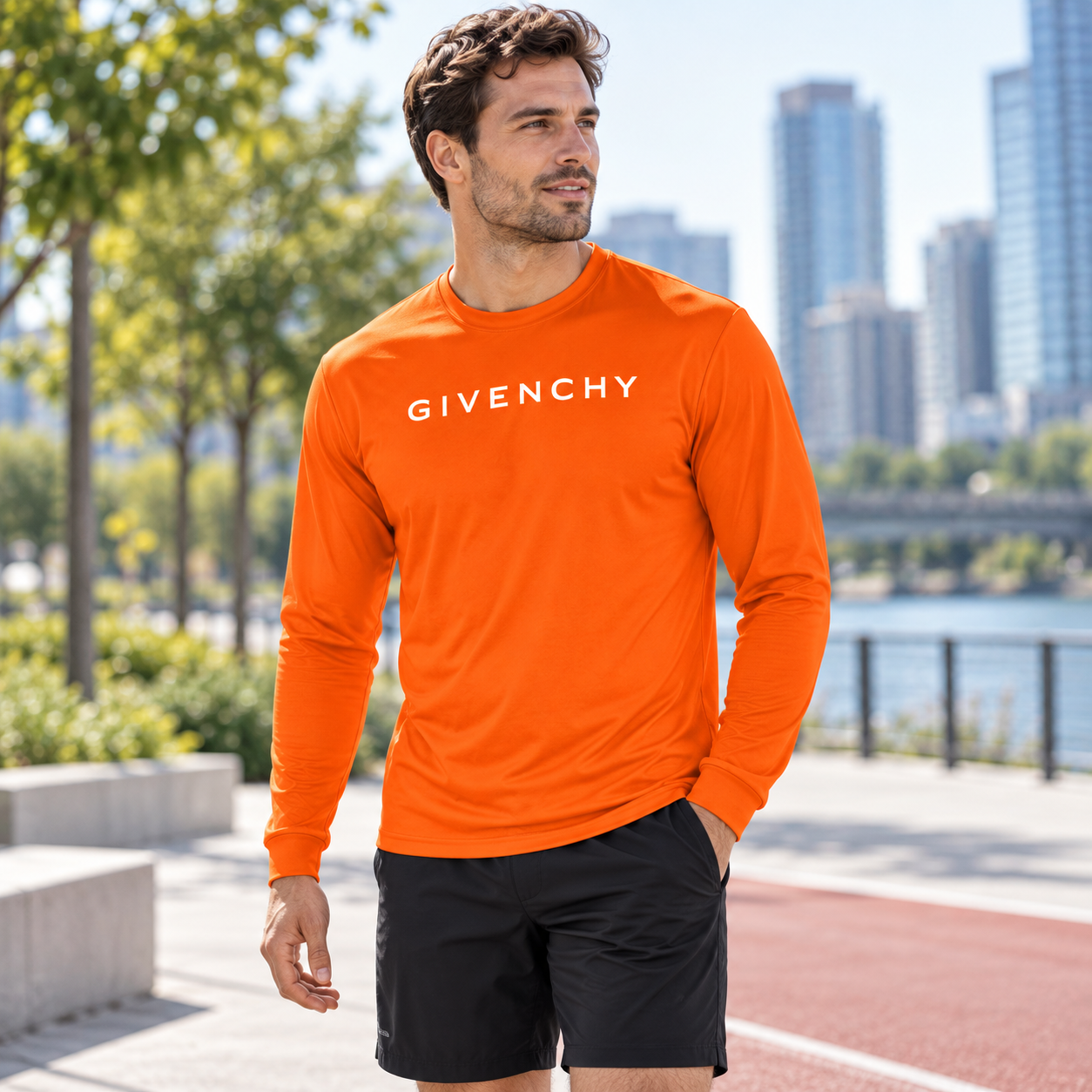 Men's Givenchy polyester long sleeve T-shirt in safety-orange, lifestyle view