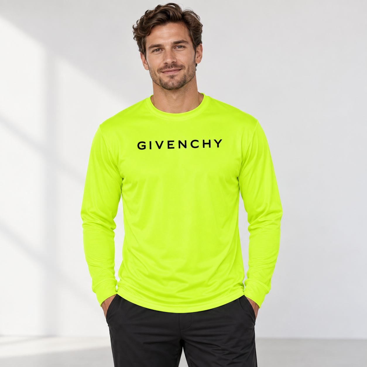 Men's Givenchy polyester long sleeve T-shirt in safety-yellow, front-model view