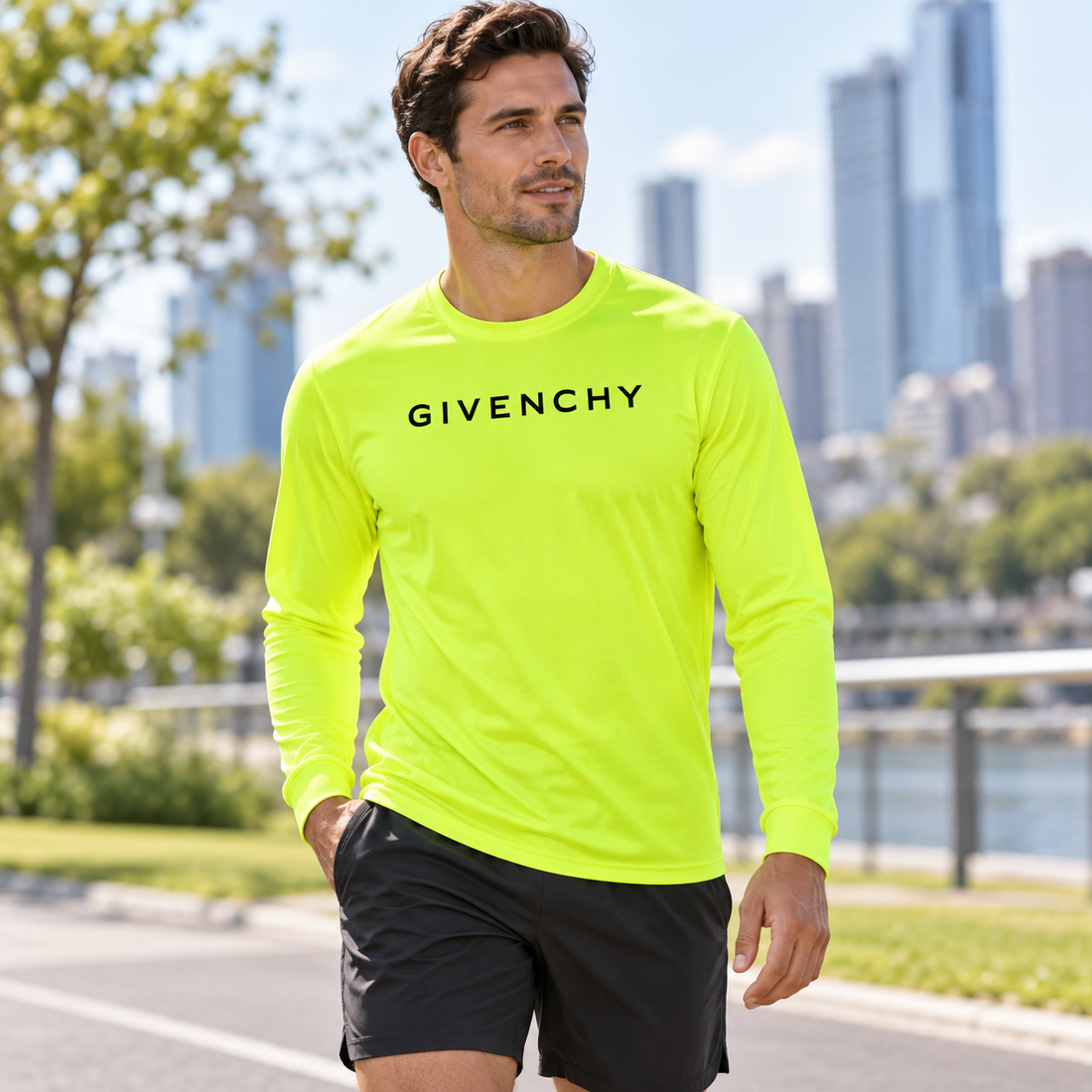 Men's Givenchy polyester long sleeve T-shirt in safety-yellow, lifestyle view