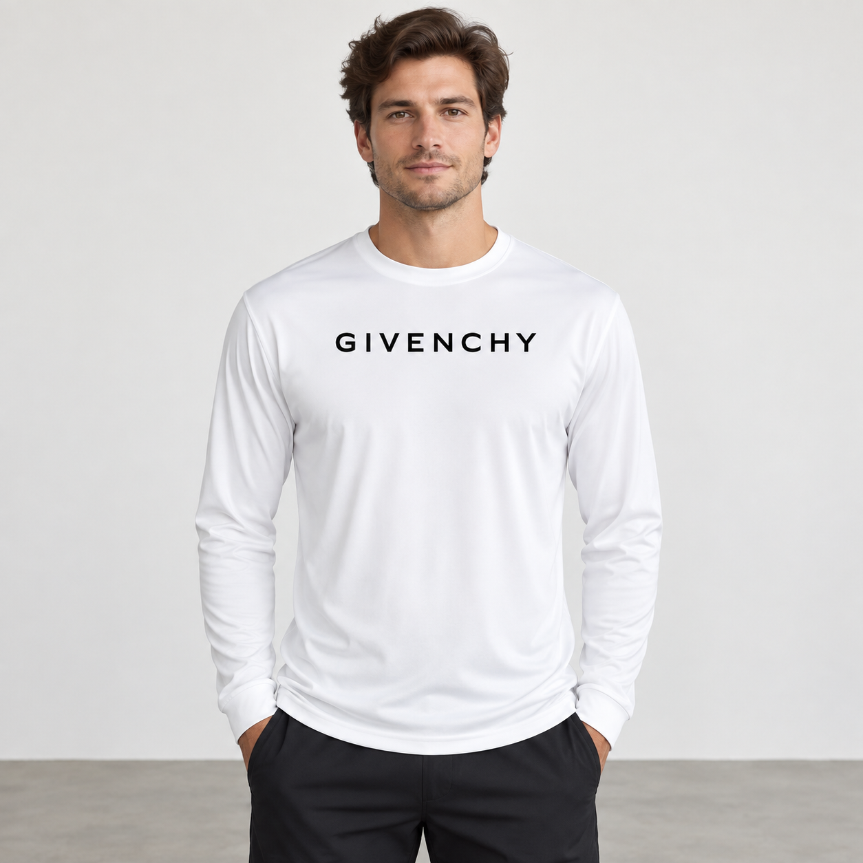 Men's Givenchy polyester long sleeve T-shirt in white, front-model view