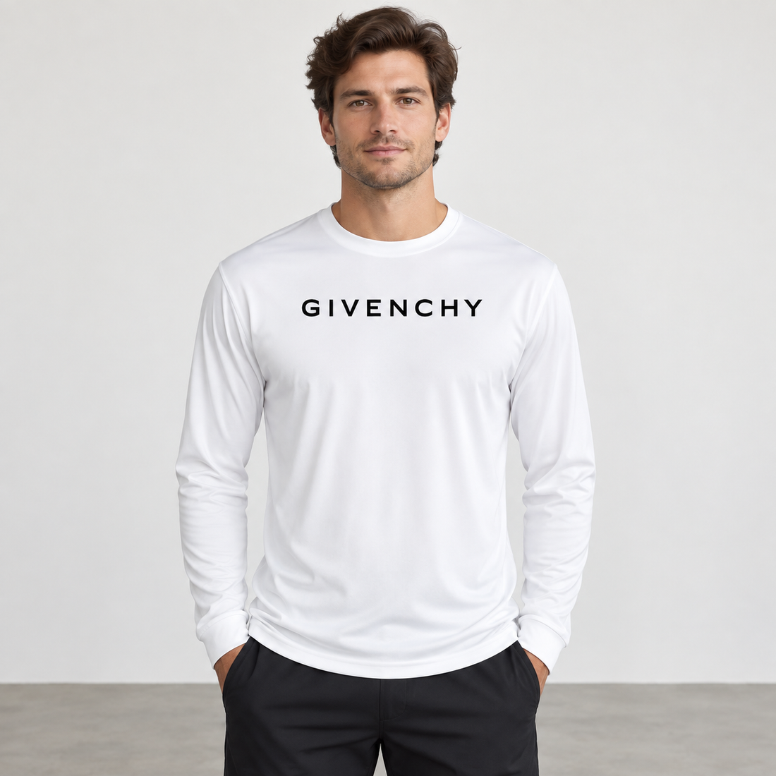 Men's Givenchy polyester long sleeve T-shirt in white, front-model view