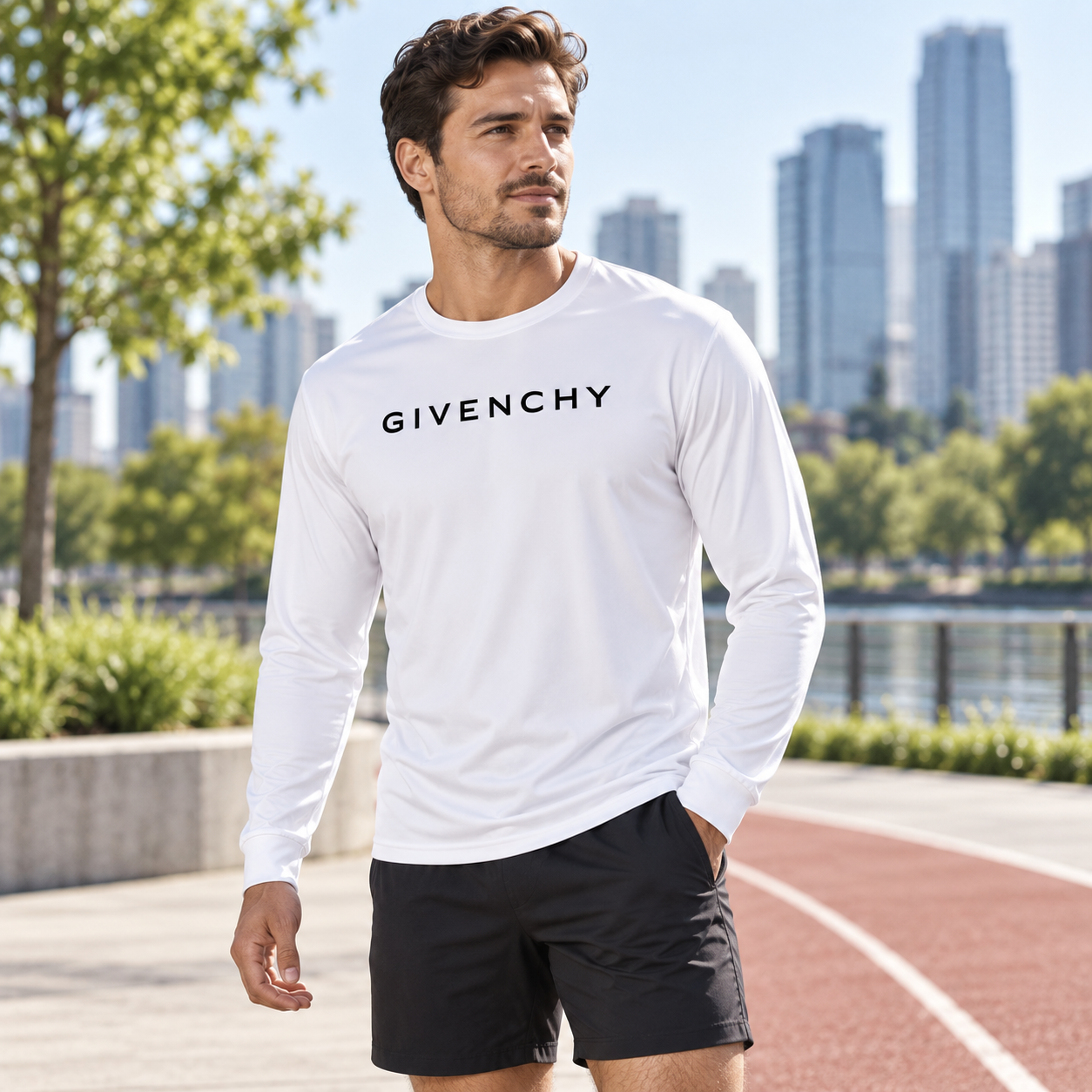 Men's Givenchy polyester long sleeve T-shirt in white, lifestyle view