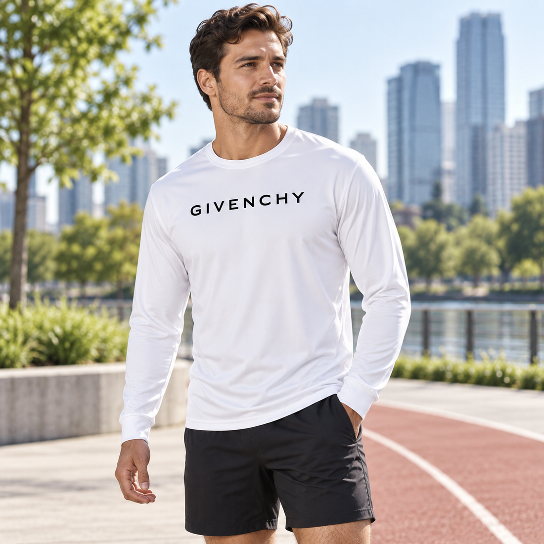 Men's Givenchy polyester long sleeve T-shirt in white, lifestyle view