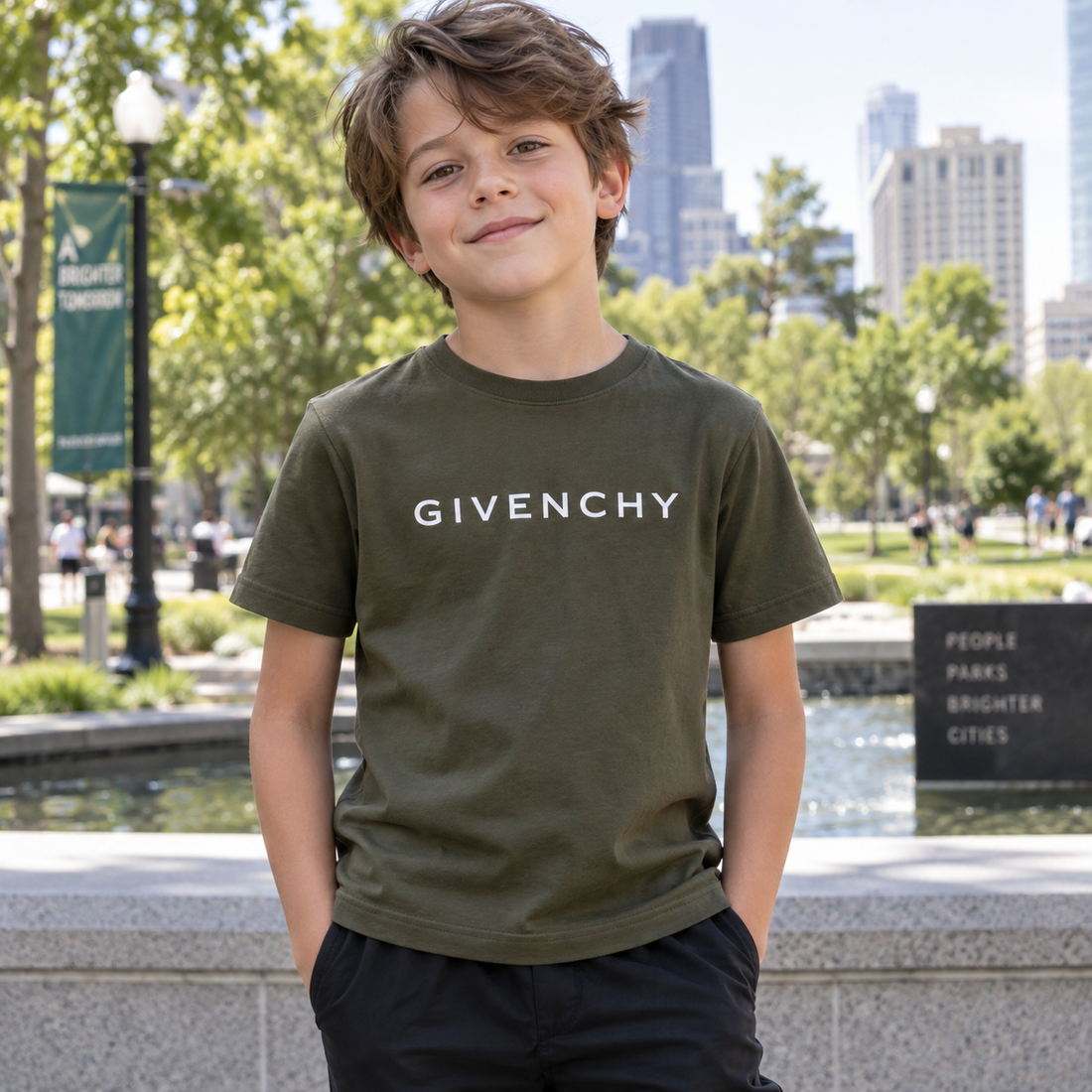 Youth Kids Givenchy Cotton T-Shirt in Army Green — lifestyle view
