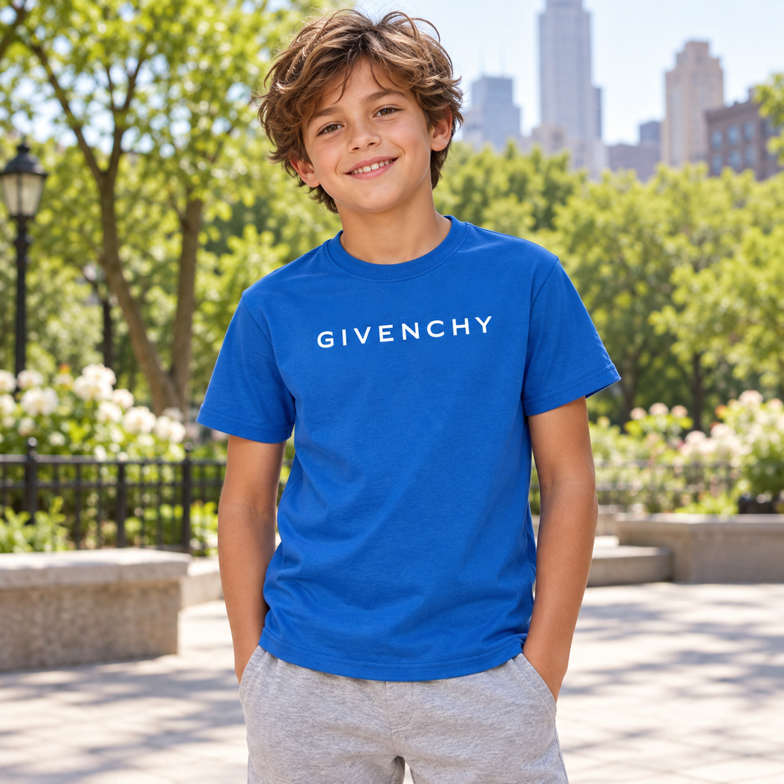 Youth Kids Givenchy Cotton T-Shirt in Blue — lifestyle view