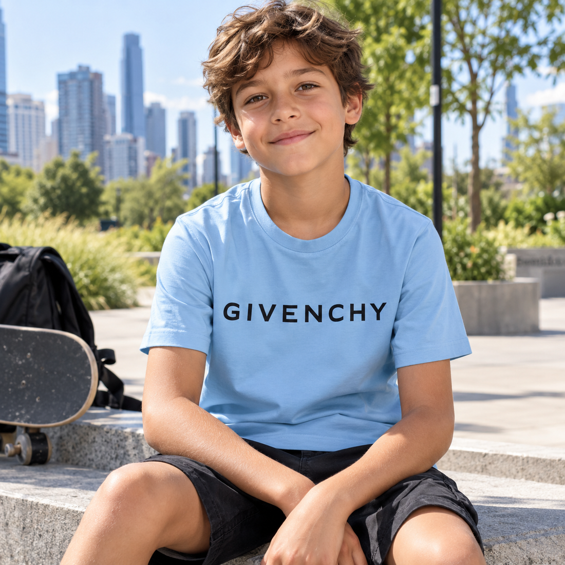 Youth Kids Givenchy Cotton T-Shirt in Sky Blue — lifestyle view
