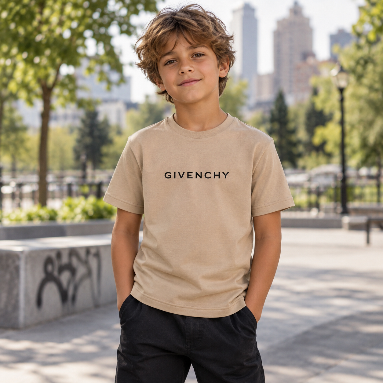 Youth Kids Givenchy Cotton T-Shirt in Tan — lifestyle view