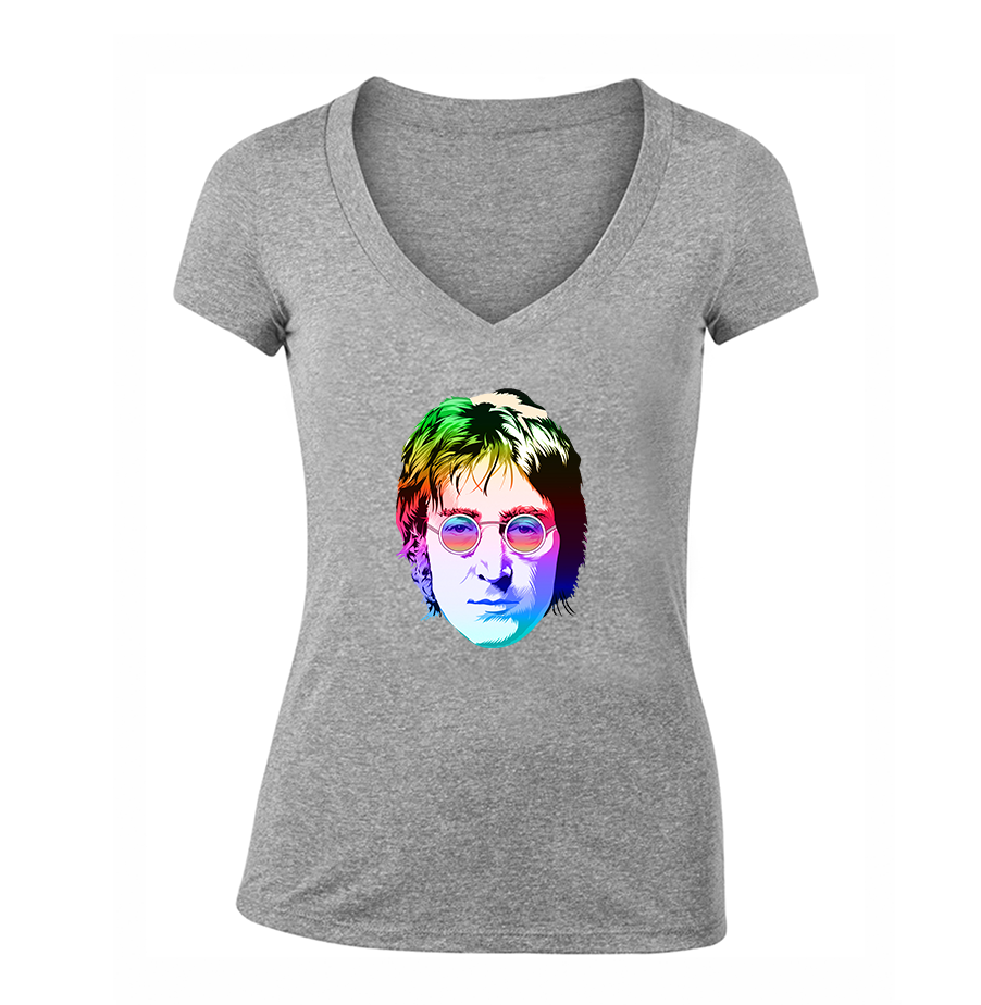 Women's John Lennon Face Art Music V-Neck T-Shirt