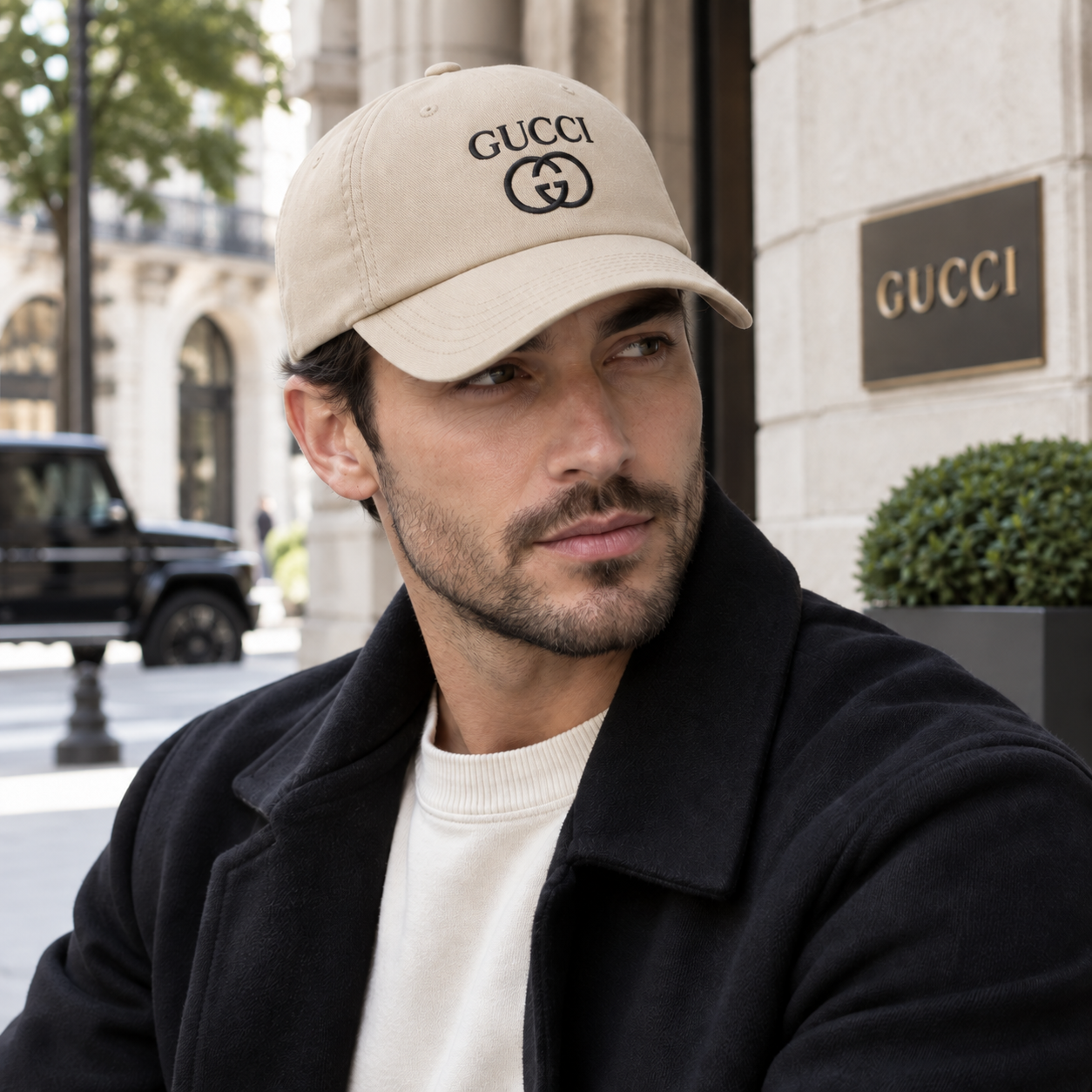 Gucci Dad Baseball Cap Hat in Beige — lifestyle view