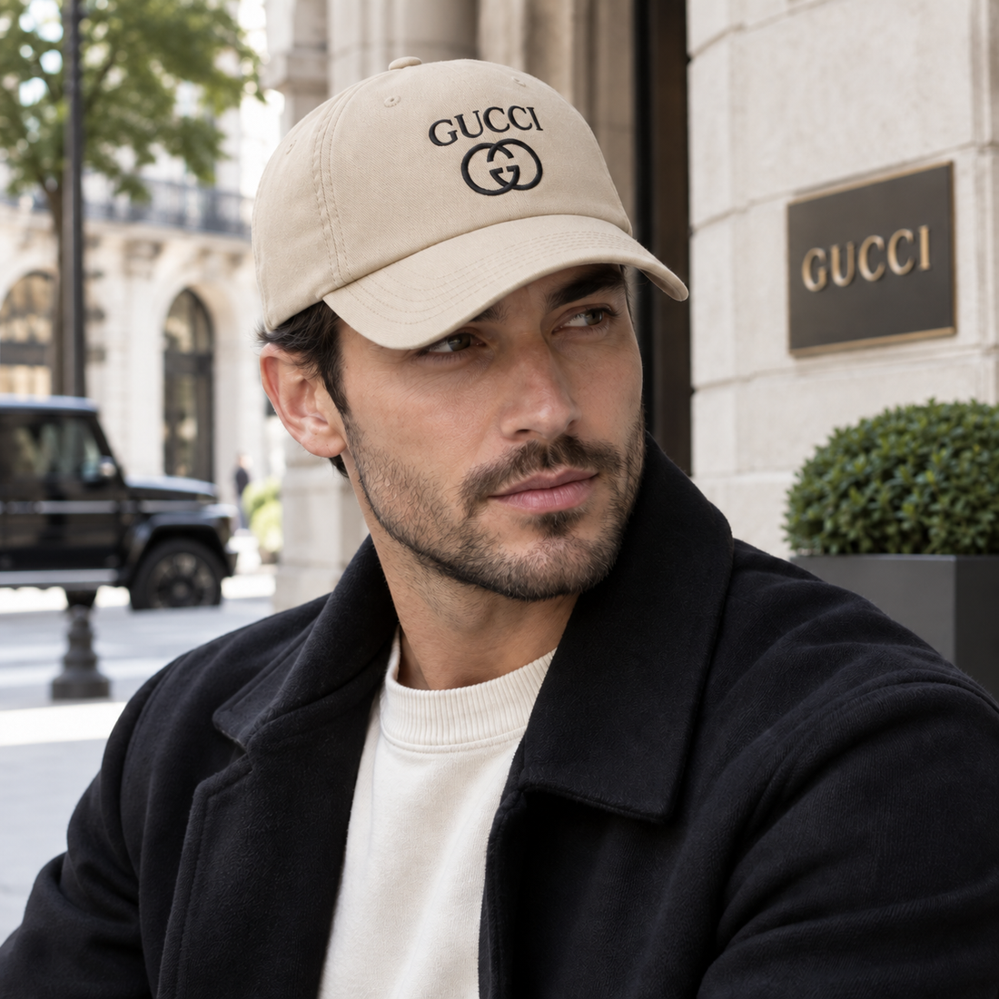 Gucci Dad Baseball Cap Hat in Beige — lifestyle view