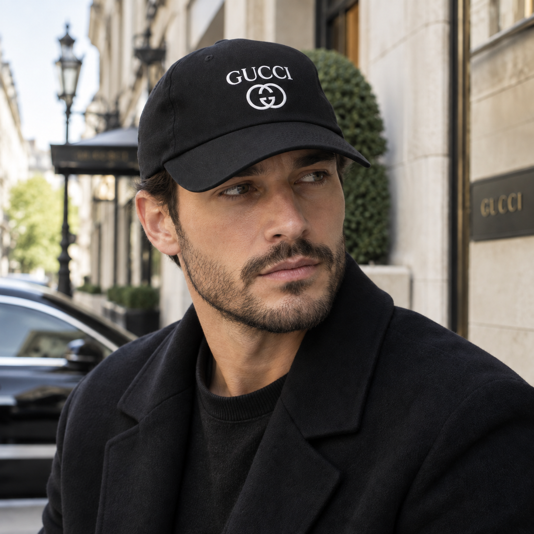 Gucci Dad Baseball Cap Hat in Black — lifestyle view