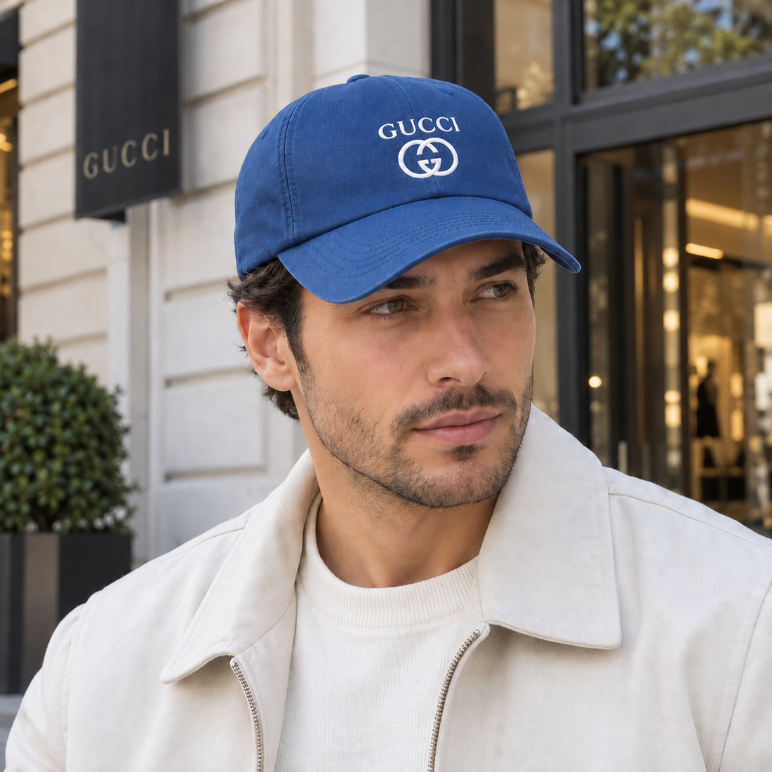 Gucci Dad Baseball Cap Hat in Blue — lifestyle view
