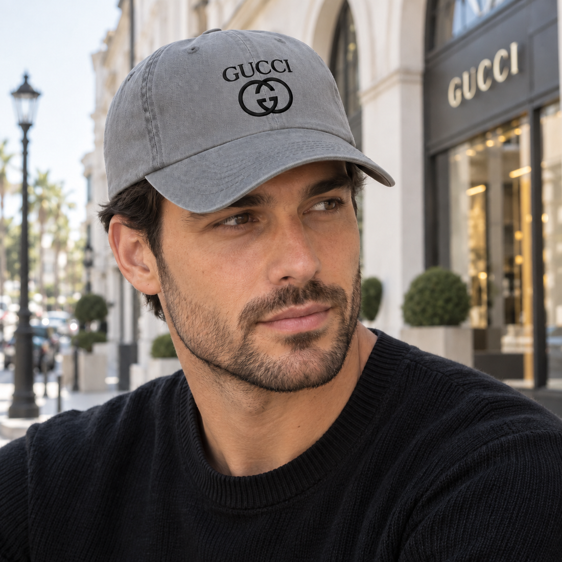 Gucci Dad Baseball Cap Hat in Grey — lifestyle view