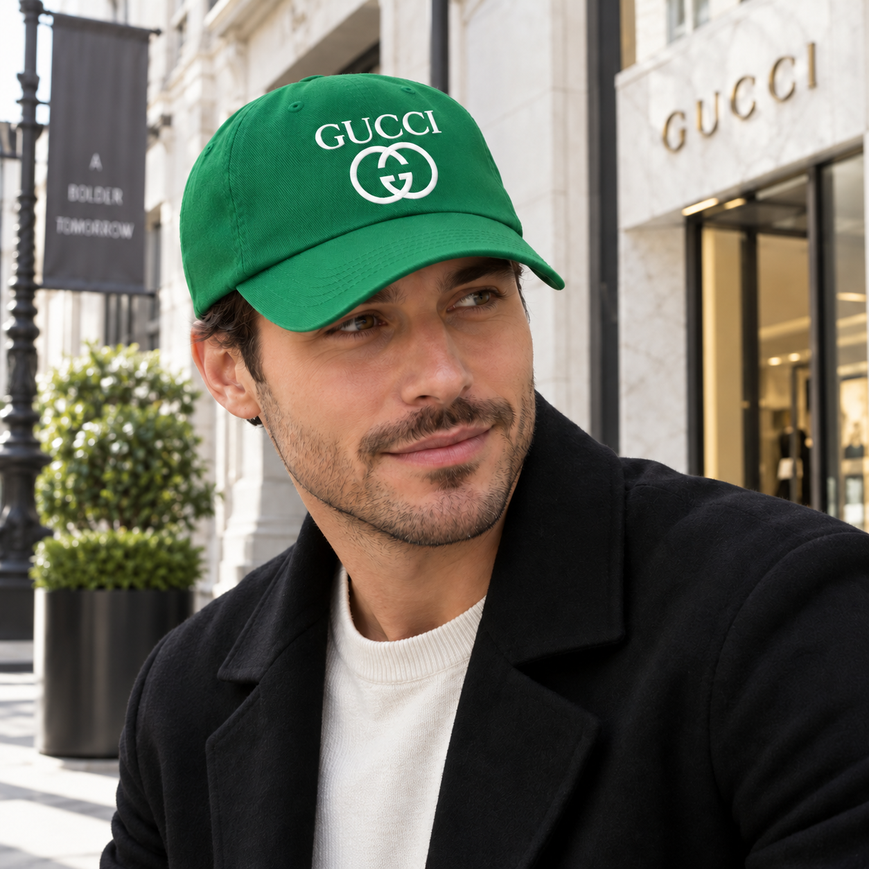 Gucci Dad Baseball Cap Hat in Kelly Green — lifestyle view
