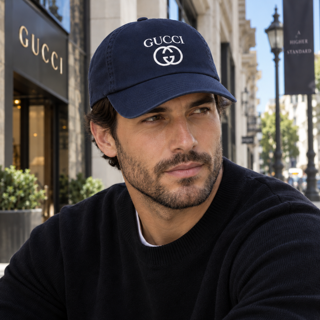 Gucci Dad Baseball Cap Hat in Navy — lifestyle view