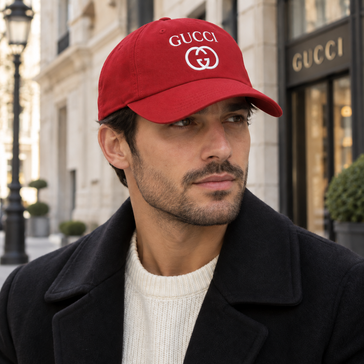 Gucci Dad Baseball Cap Hat in Red — lifestyle view