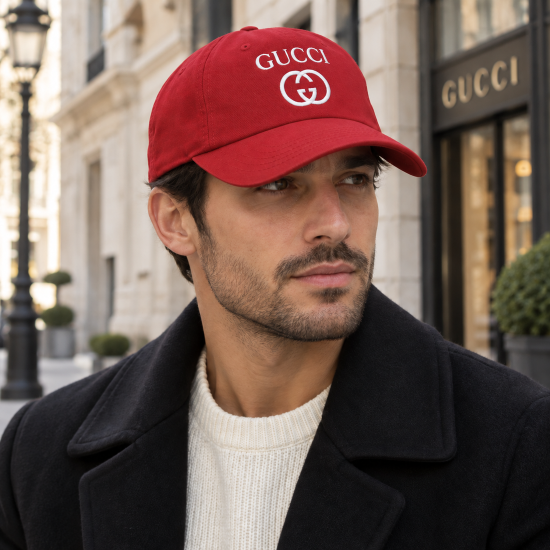 Gucci Dad Baseball Cap Hat in Red — lifestyle view