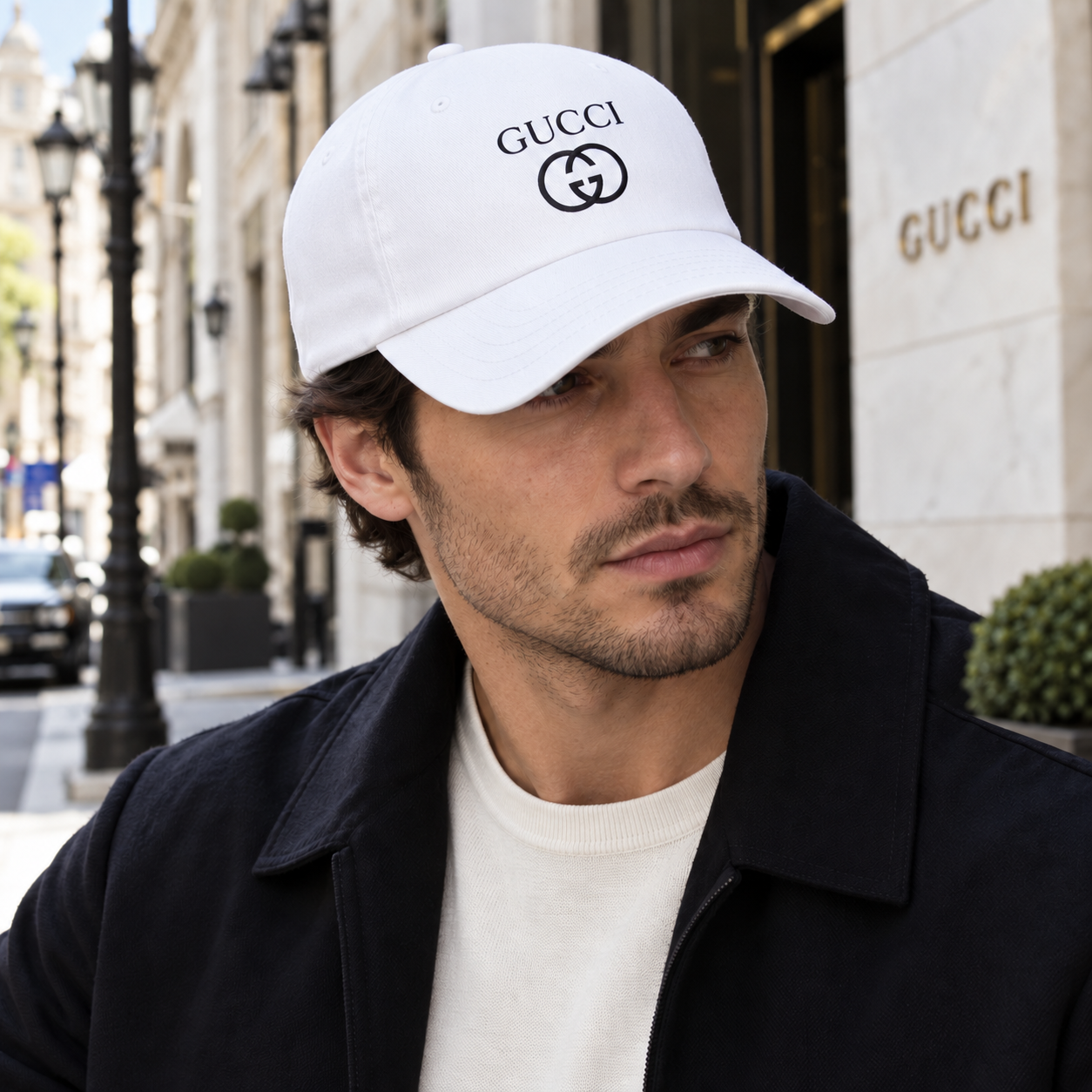 Gucci Dad Baseball Cap Hat in White — lifestyle view