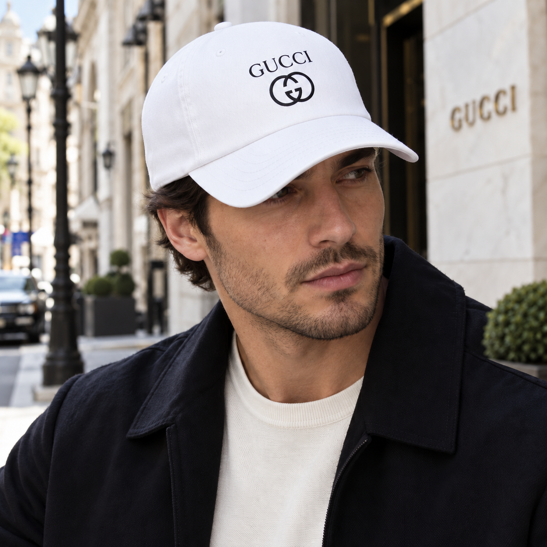 Gucci Dad Baseball Cap Hat in White — lifestyle view