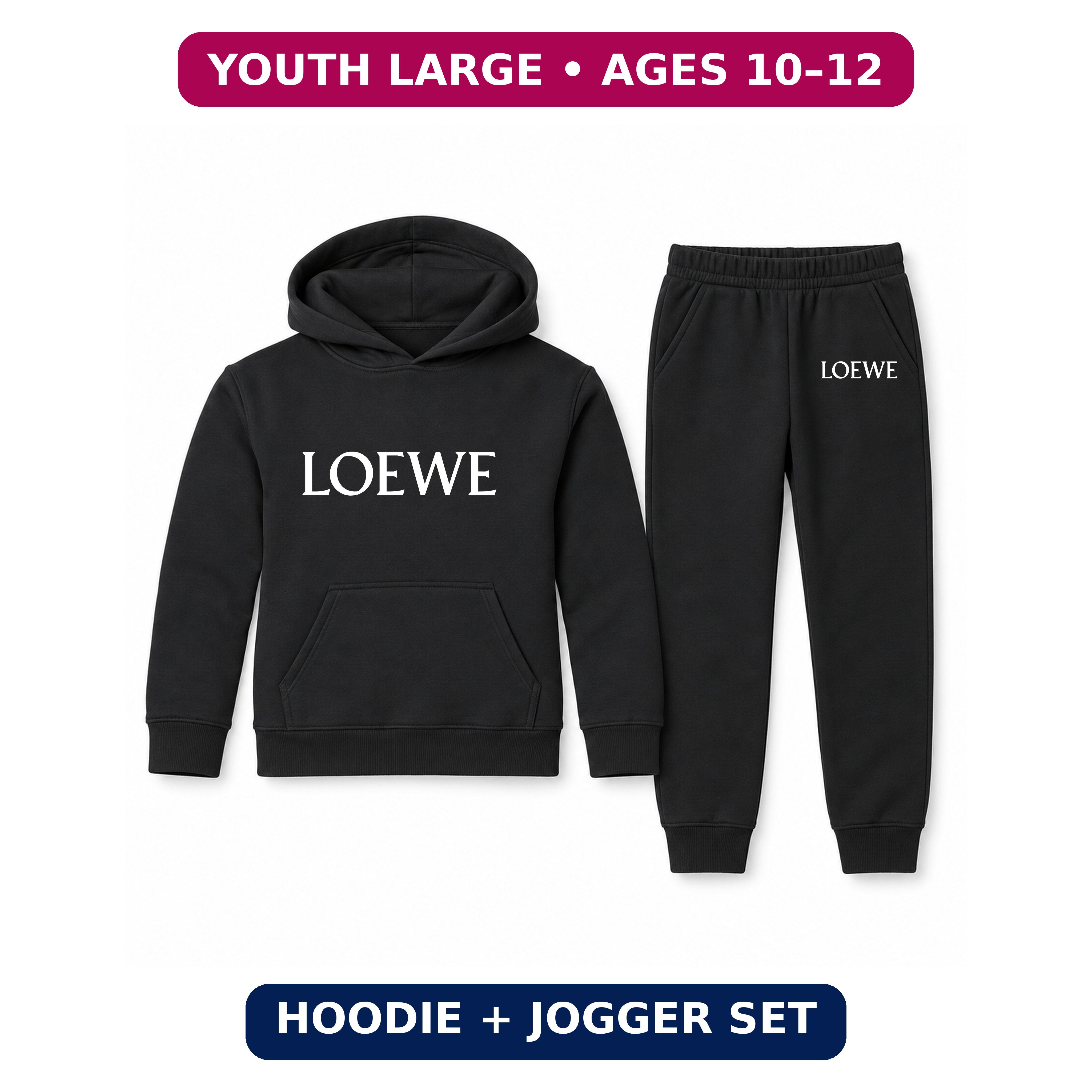Loewe Youth Hoodie Jogger Set | Black | Youth Large, ages 10–12