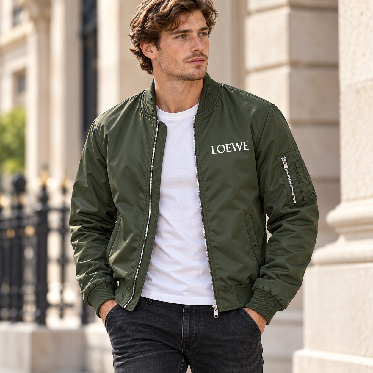 Men's Loewe Lightweight Bomber Jacket | Color: Army Green | Image 1