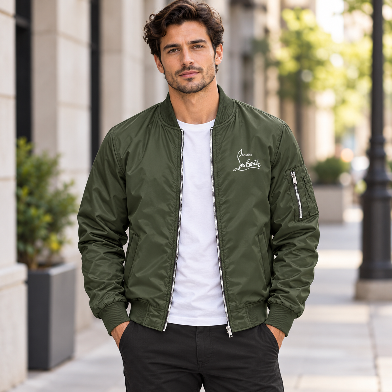 Men's Christian Louboutin Lightweight Bomber Jacket Windbreaker Softshell Varsity Jacket Coat | Color: Army Green | Image 1