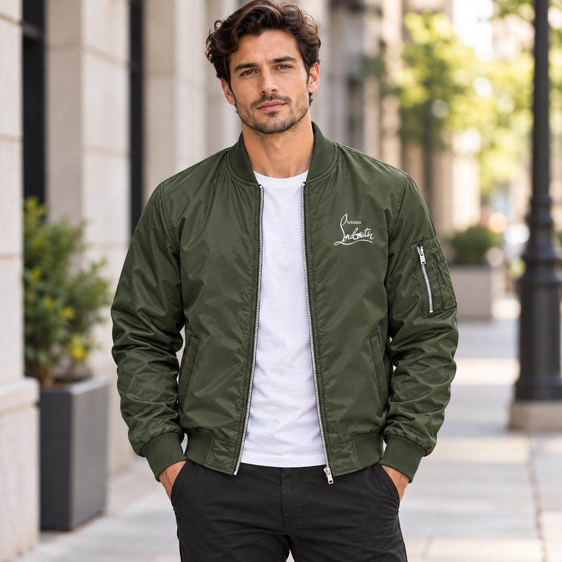 Men's Christian Louboutin Lightweight Bomber Jacket Windbreaker Softshell Varsity Jacket Coat | Color: Army Green | Image 1