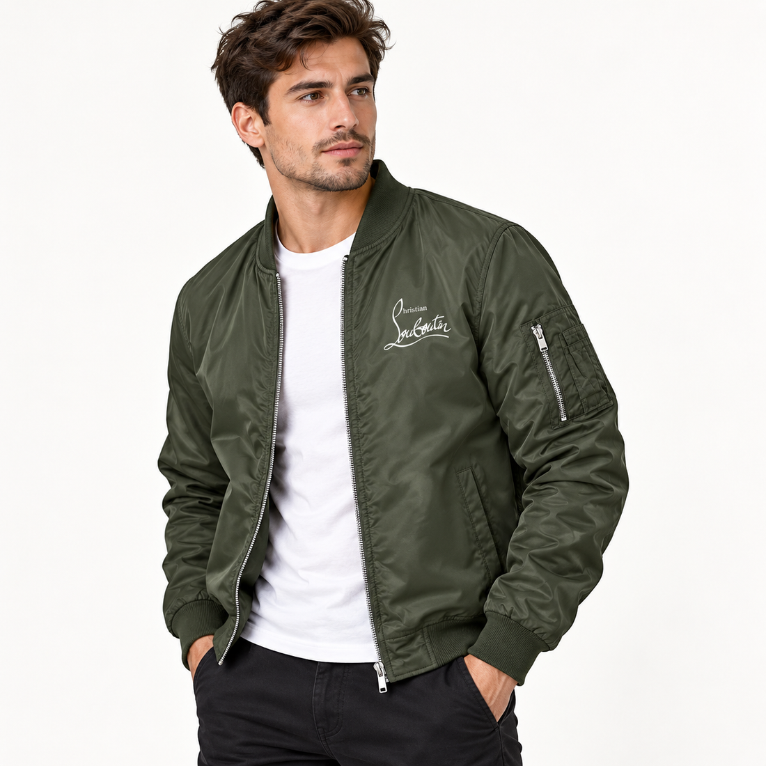 Men's Christian Louboutin Lightweight Bomber Jacket Windbreaker Softshell Varsity Jacket Coat | Color: Army Green | Image 2