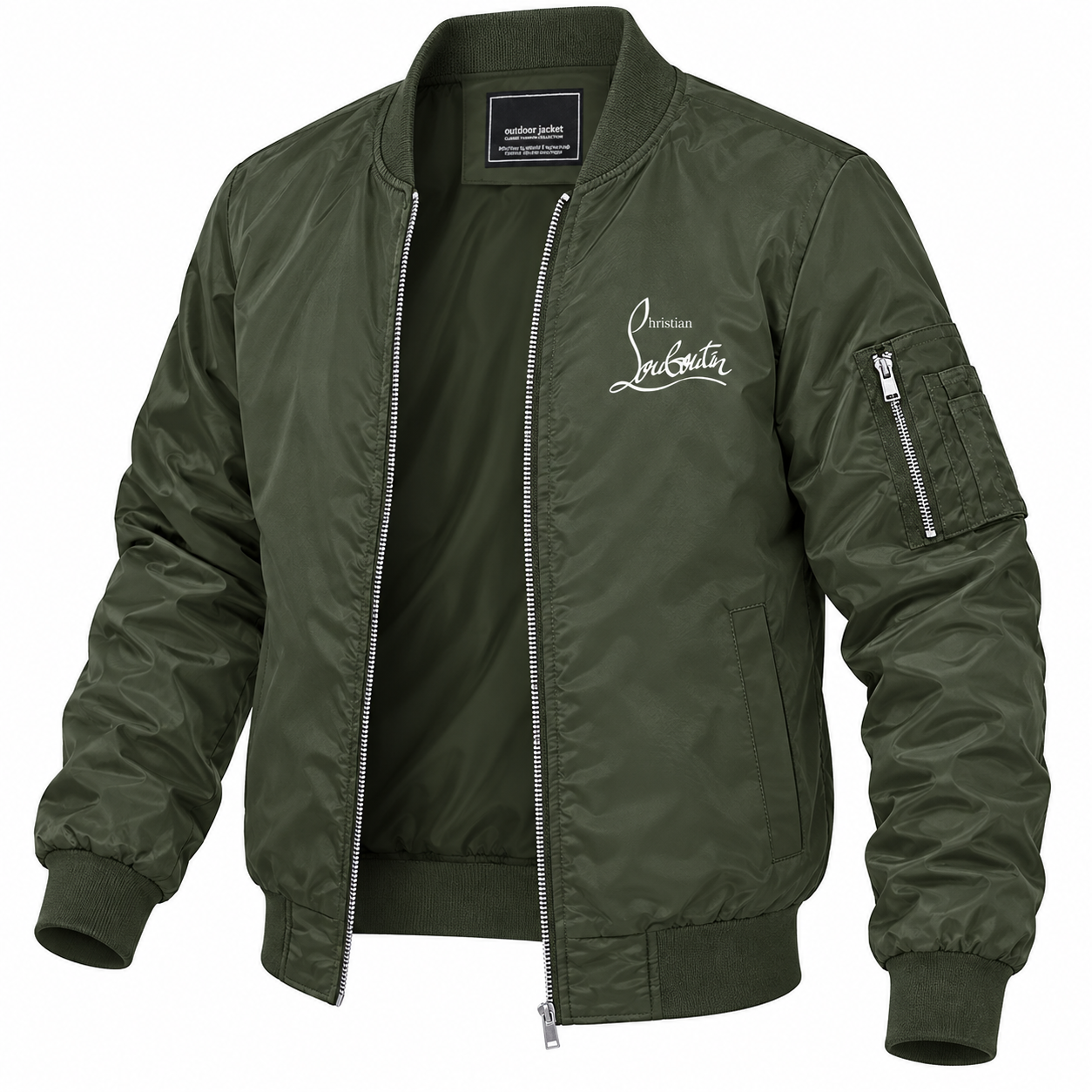 Men's Christian Louboutin Lightweight Bomber Jacket Windbreaker Softshell Varsity Jacket Coat | Color: Army Green | Image 5