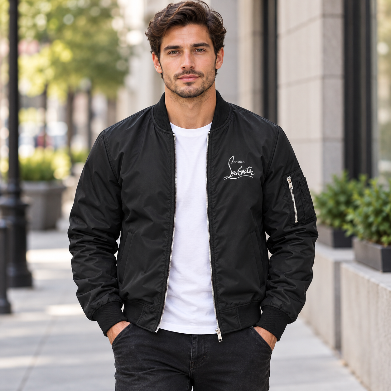 Men's Christian Louboutin Lightweight Bomber Jacket Windbreaker Softshell Varsity Jacket Coat | Color: Black | Image 1