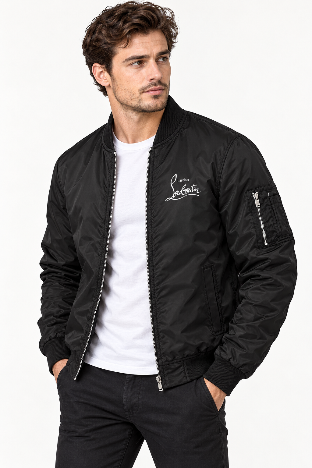 Men's Christian Louboutin Lightweight Bomber Jacket Windbreaker Softshell Varsity Jacket Coat | Color: Black | Image 2