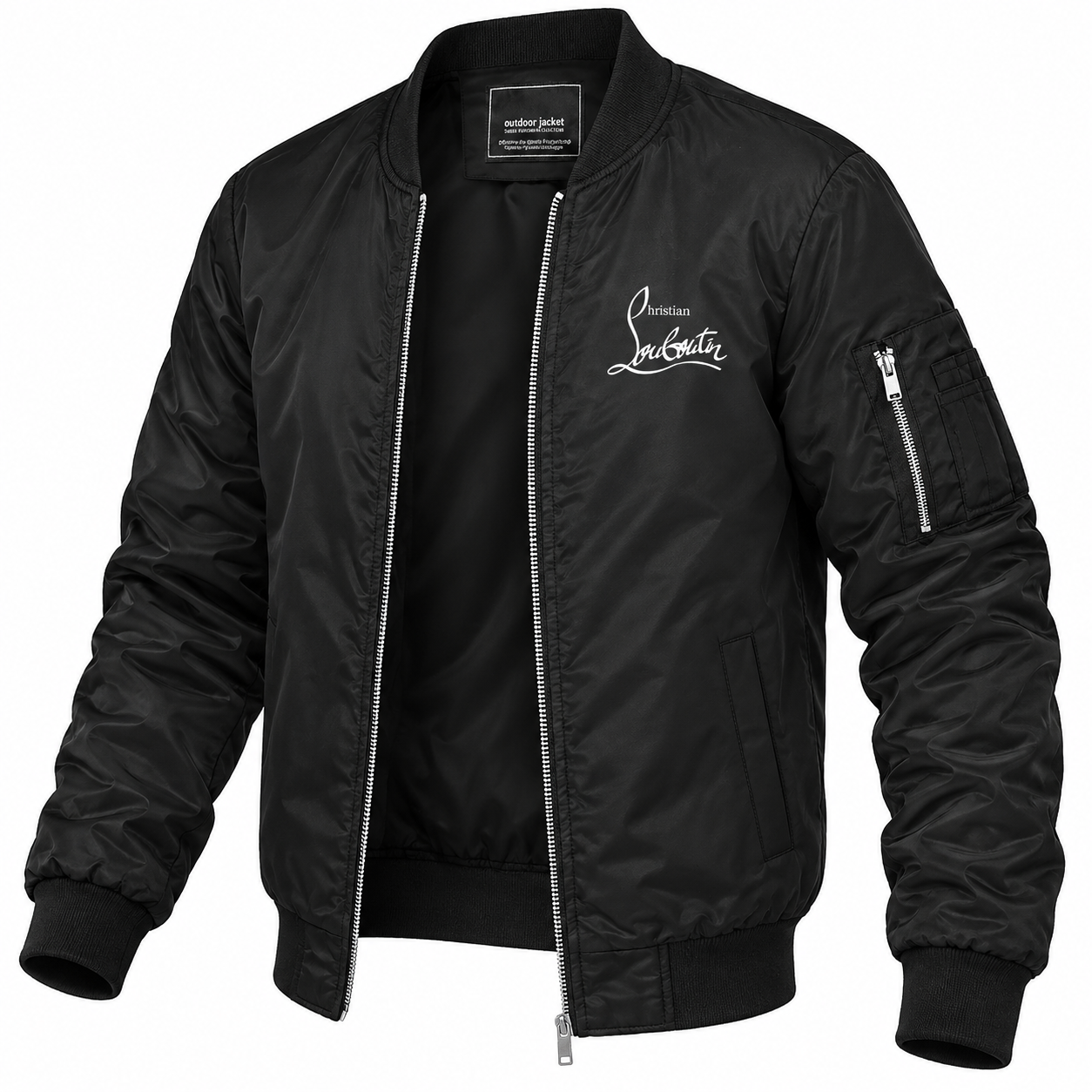 Men's Christian Louboutin Lightweight Bomber Jacket Windbreaker Softshell Varsity Jacket Coat | Color: Black | Image 5