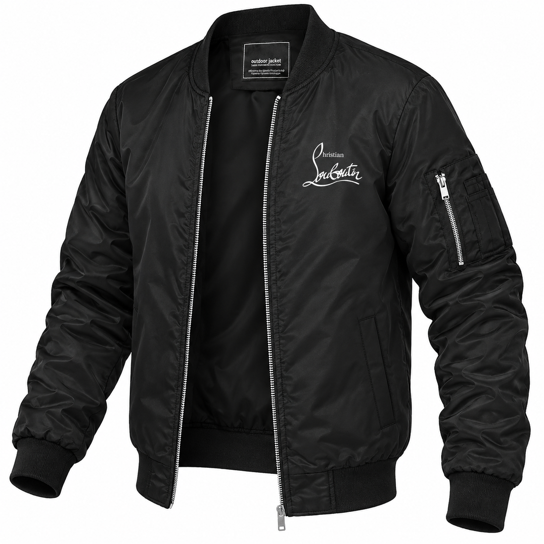 Men's Christian Louboutin Lightweight Bomber Jacket Windbreaker Softshell Varsity Jacket Coat | Color: Black | Image 5