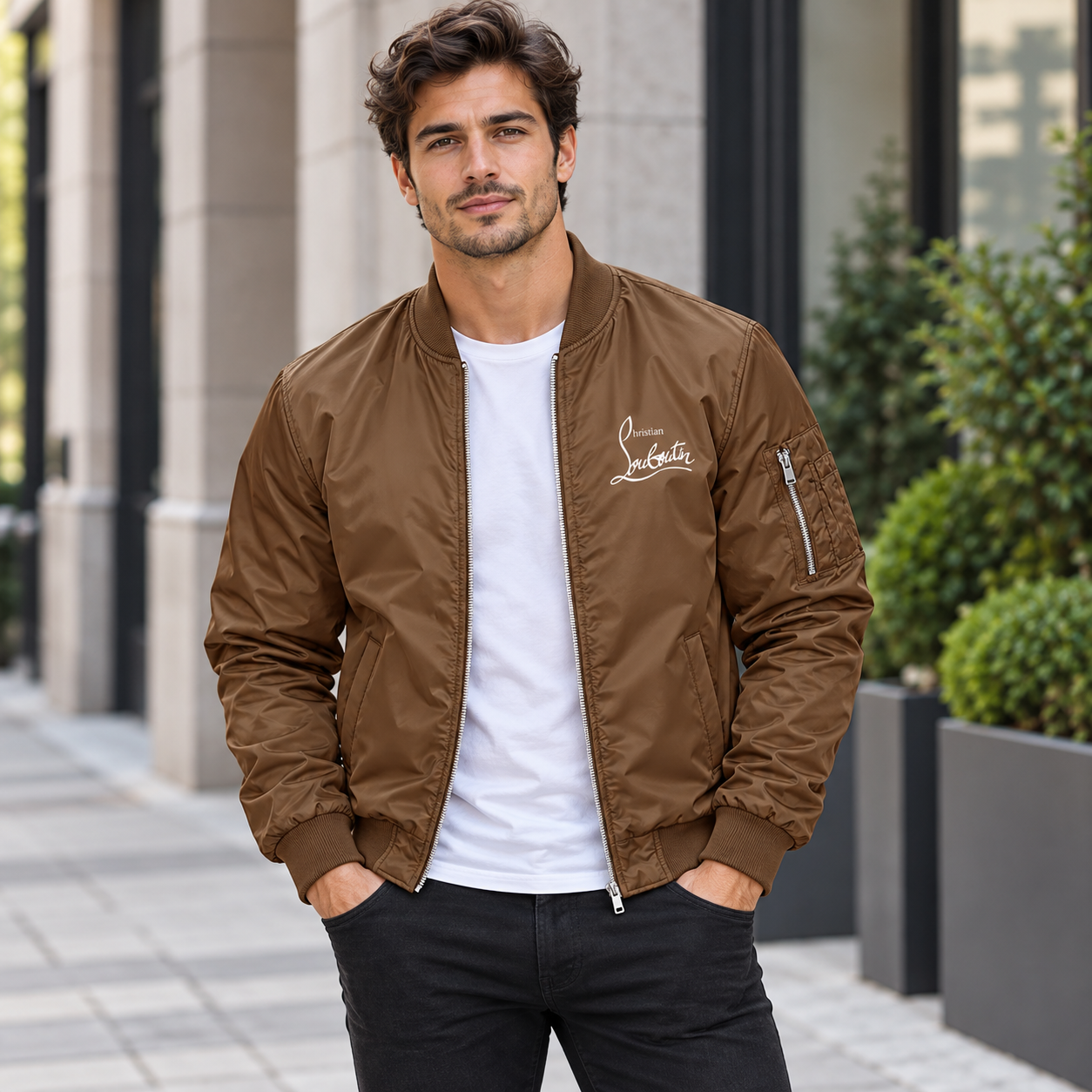 Men's Christian Louboutin Lightweight Bomber Jacket Windbreaker Softshell Varsity Jacket Coat | Color: Brown | Image 1